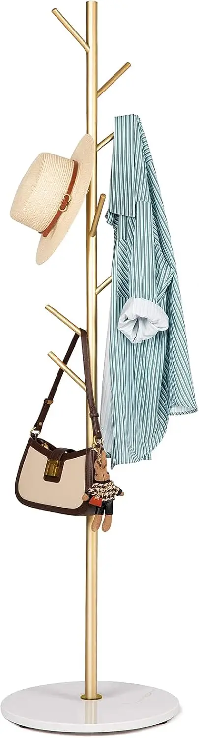 

Golden Metal Coat Rack with Marble Base, 8 Hooks for Entryway, Office & Home - Heavy Duty Freestanding Stand