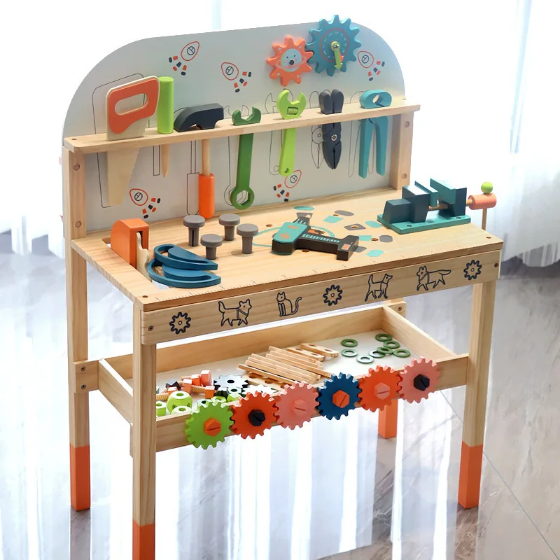 

Wooden makeshift tool table for children's simulation maintenance workbench Training of baby's hands-on and brain skills