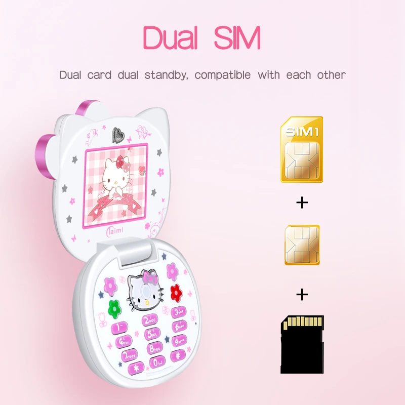 Hello Kitty Cute Mini Mobile Phone with Flip Cartoon No Lock Children Dual Card Mobile Phone with Gift Cat Head Bag Lanyard