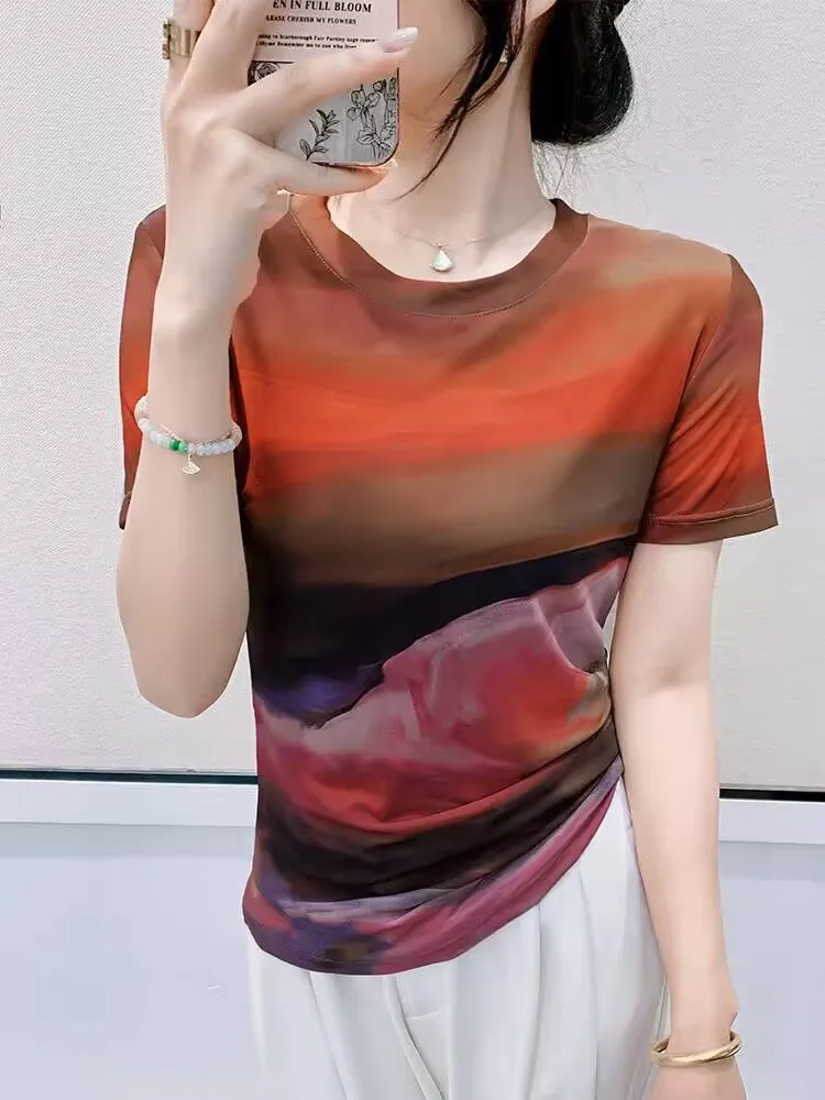 2200, привлекательная женская футболка с принтом, весна-лето, женские топы с короткими рукавами, футболка с круглым вырезом, уличная шикарная повседневная футболка высокого качества