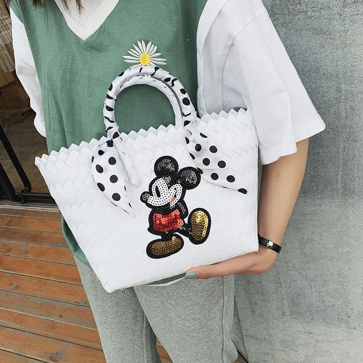 Handmade Straw Woven Bag Mickey Cartoon Square Handbag Casual New Designer Brand Female One Shoulder Bags Outdoor Vacation Bags