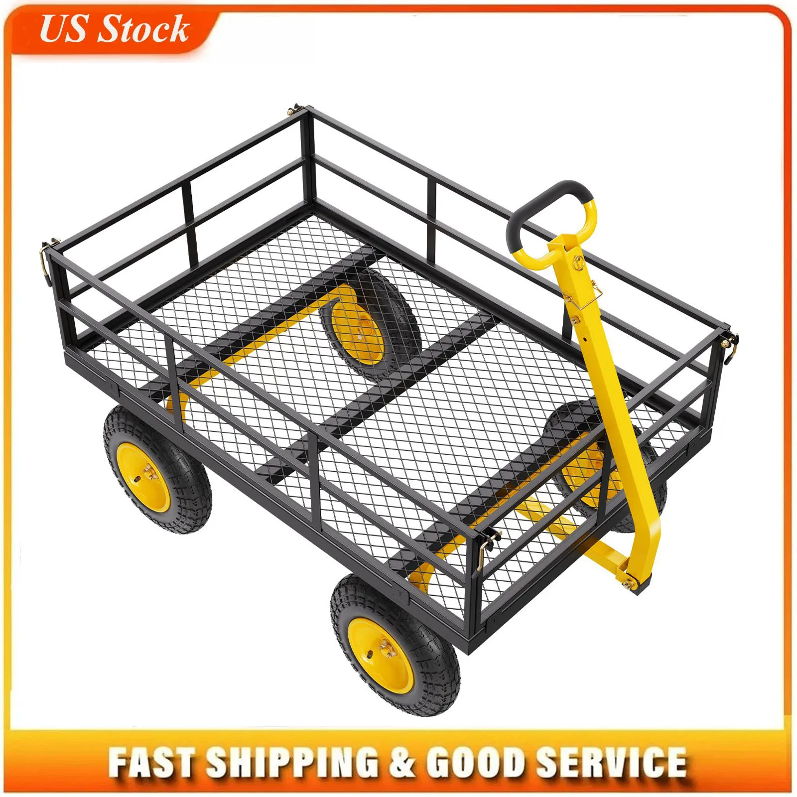 1200 Lbs Steel Garden Cart, Heavy Duty Pullable Garden Wagon Yard Cart, 2 in 1 Outdoor Metal Utility Wagon Yard Trailer with 13