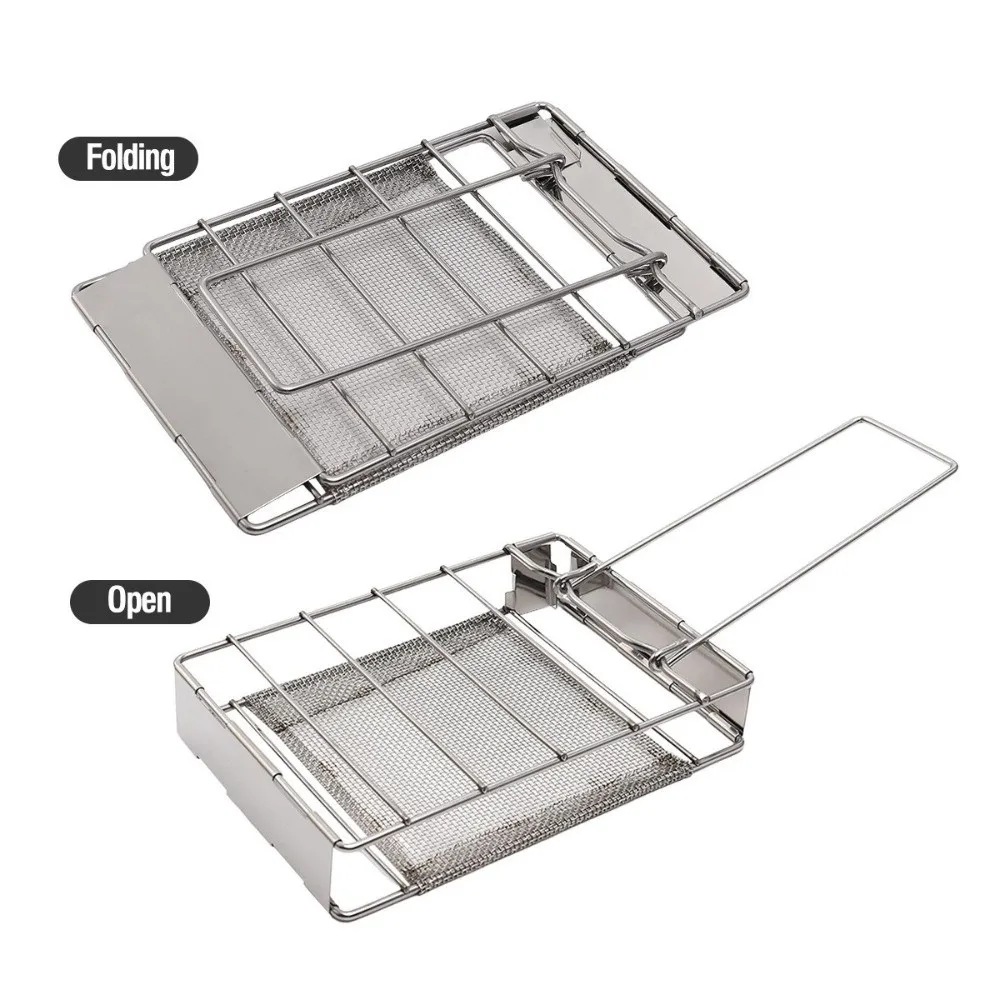 Durable Stainless Steel Outdoor Toast Toaster Rack Handheld Foldable Bread Rack Rectangular Camping Stove Toaster Meat Skewers