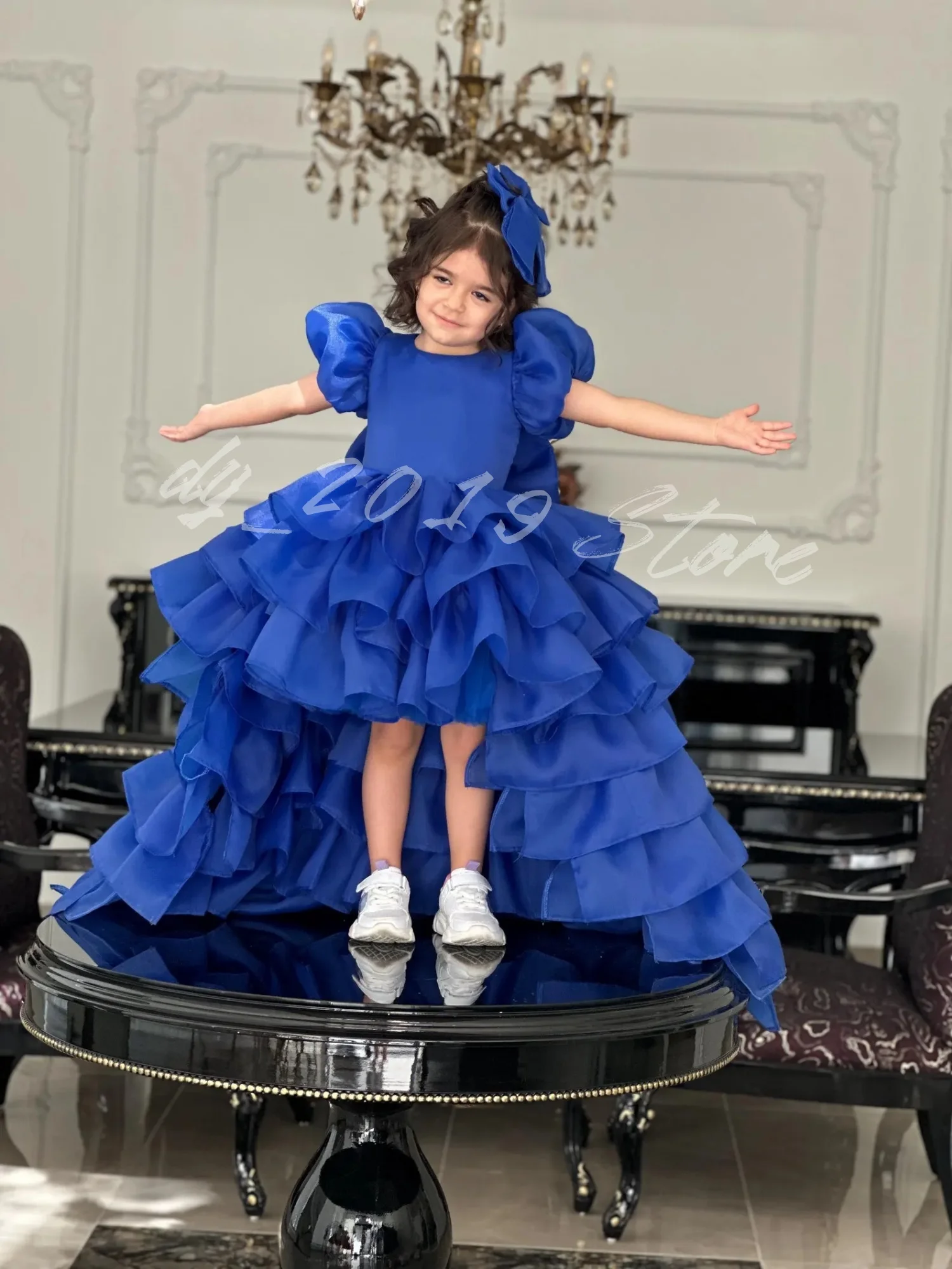 Royal Blue Flower Girl Dress Round Neck Puff Sleeve Multi-Layer Ruffle High Low Gown Kids Wedding Birthday Party Formal Dresses