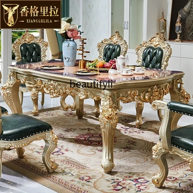

Cy European Marble Dining Table, American Luxury, Square Table Full Wood Carving Flower 1.6 Meters Champagne Gold Dining Table