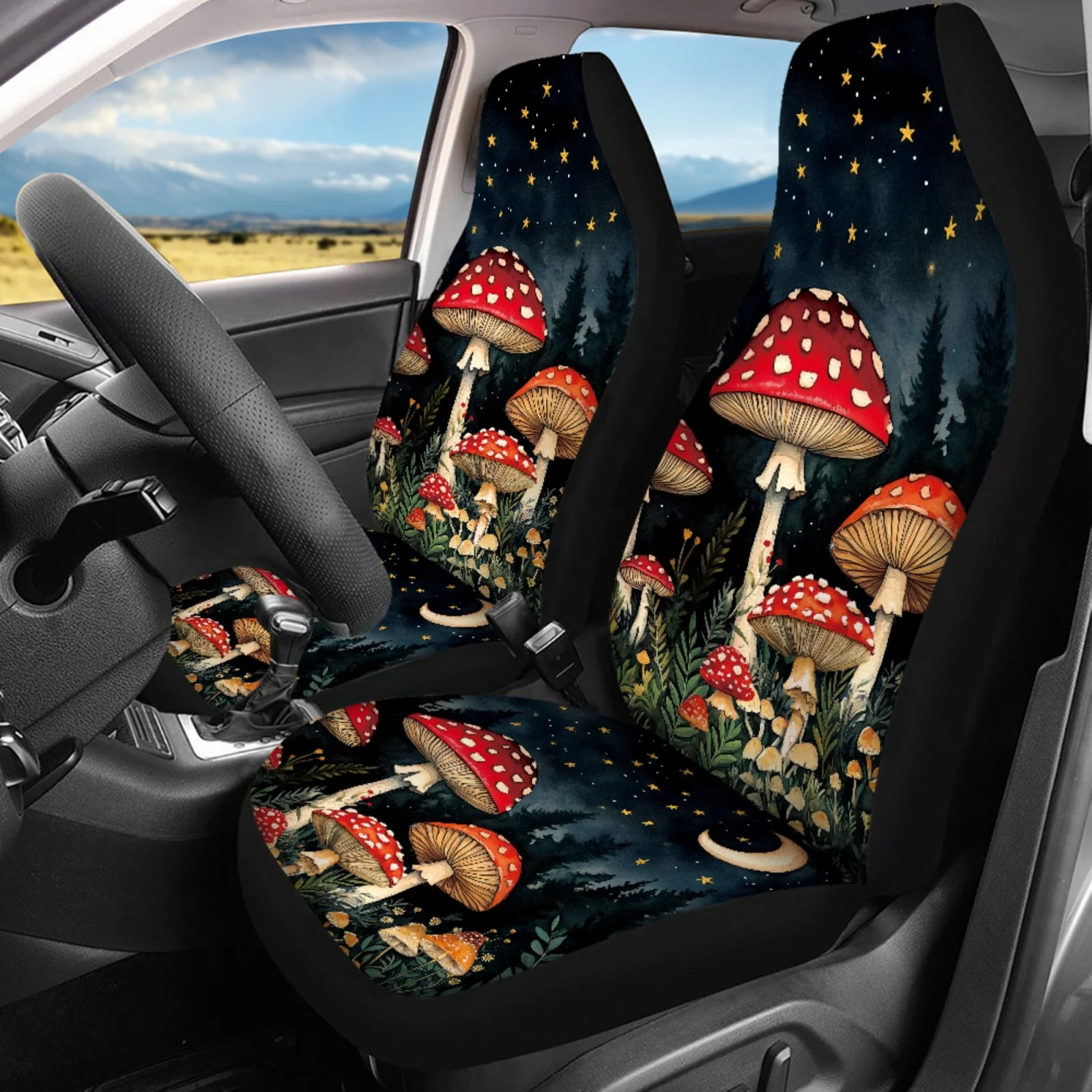 Coloranimal Mushrooms 14 Pcs Car Accessories Set with Soft Auto Cup Holder Mat and Wrist Keychain for Forest