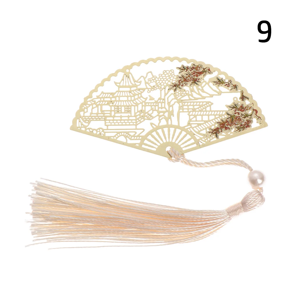 Stationery Chinese Style Crane Tassel Flower Brass Bookmark Book Clip Folding Fan Shape Pagination Mark