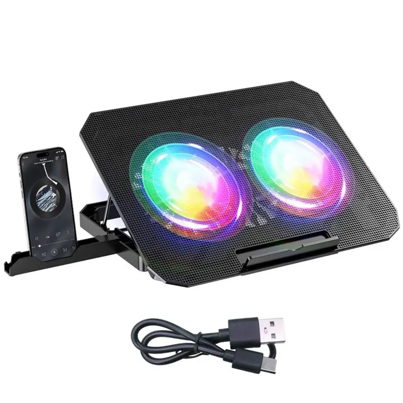 Foldable CPU Cooling Laptop Table Two Fans RGB Color Light Notebook Riser 8-Speed Adjustment Portable Stand