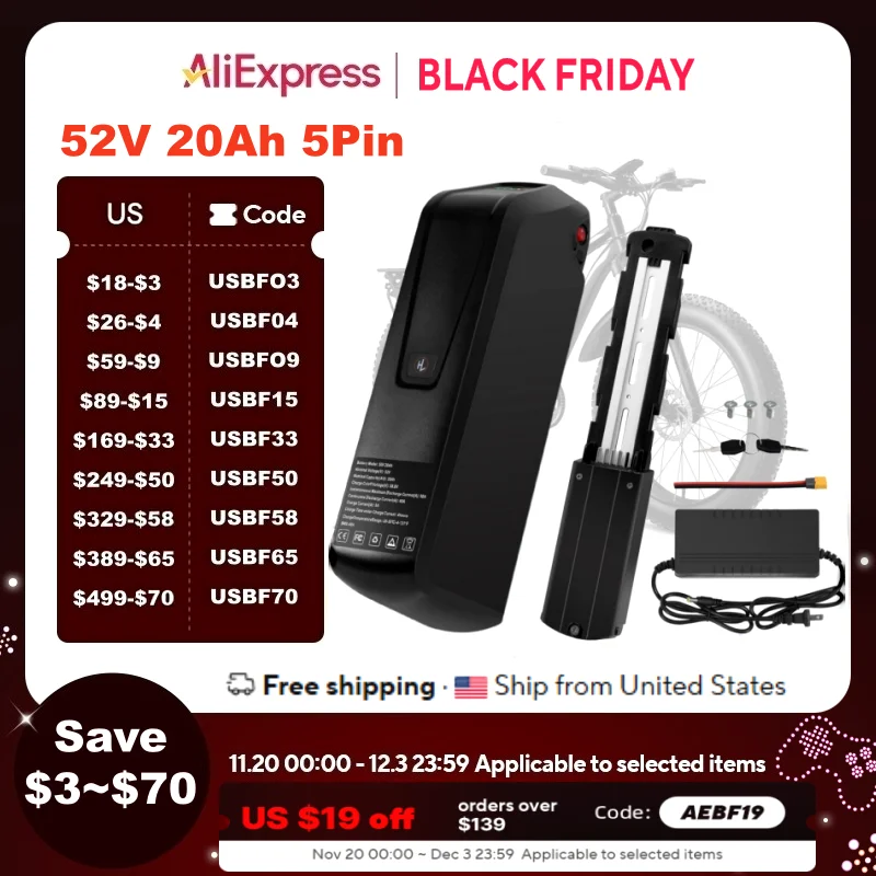 

36V 48V 52V 20Ah 5 PIN Hailong Ebike Battery and Charger Full Capacity 20000mAh Powerful 21700 Lithium Battery Pack Ship from US