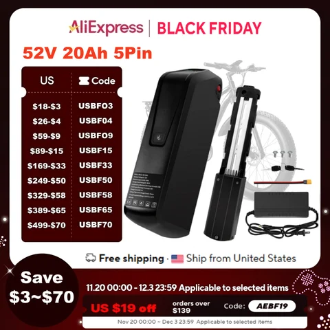 36V 48V 52V 20Ah 5 PIN Hailong Ebike Battery and Charger Full Capacity 20000mAh Powerful 21700 Lithium Battery Pack Ship from US