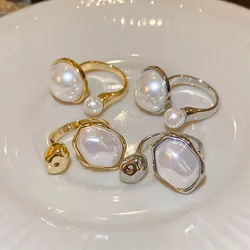 Korean Pearl Open Ring Gold Color Adjustable Rings for Women Gold Color Imitation Pearl Ring Women Luxury Party Jewelry