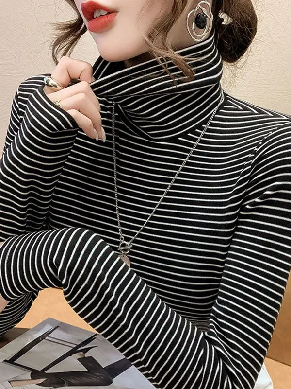 

Женский вязаный длинный свеч Base irt f Мягкий уютный свитер с высоким воротником Внутренняя одежда в полоску с узором для поездок на работу Sle Thiened A...