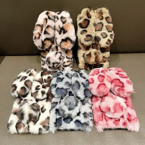 Cute Cartoon Leopard Print Bunny Fur Plush Phone Case For iPhone 17 Air 16 13 12 11 Pro Max XS XR X 7 8 Plus Shockproof Cover