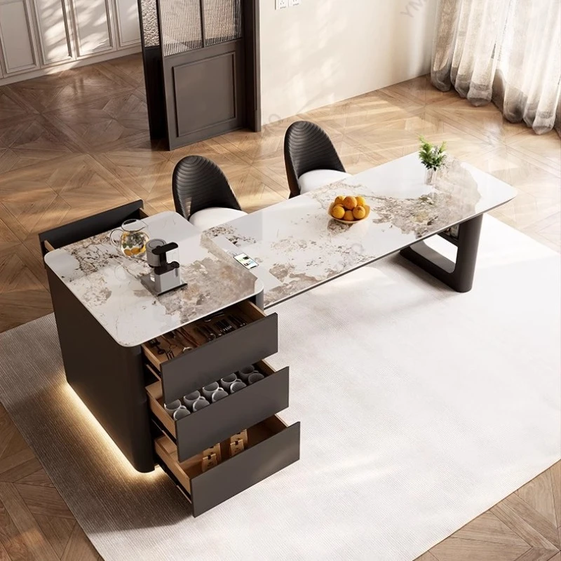 

Italian Minimalist Rock Slab Island Dining Table Retractable High End Black Restaurant Chair Multifunctional 1.6m 2.2m 2.6m 3.0m