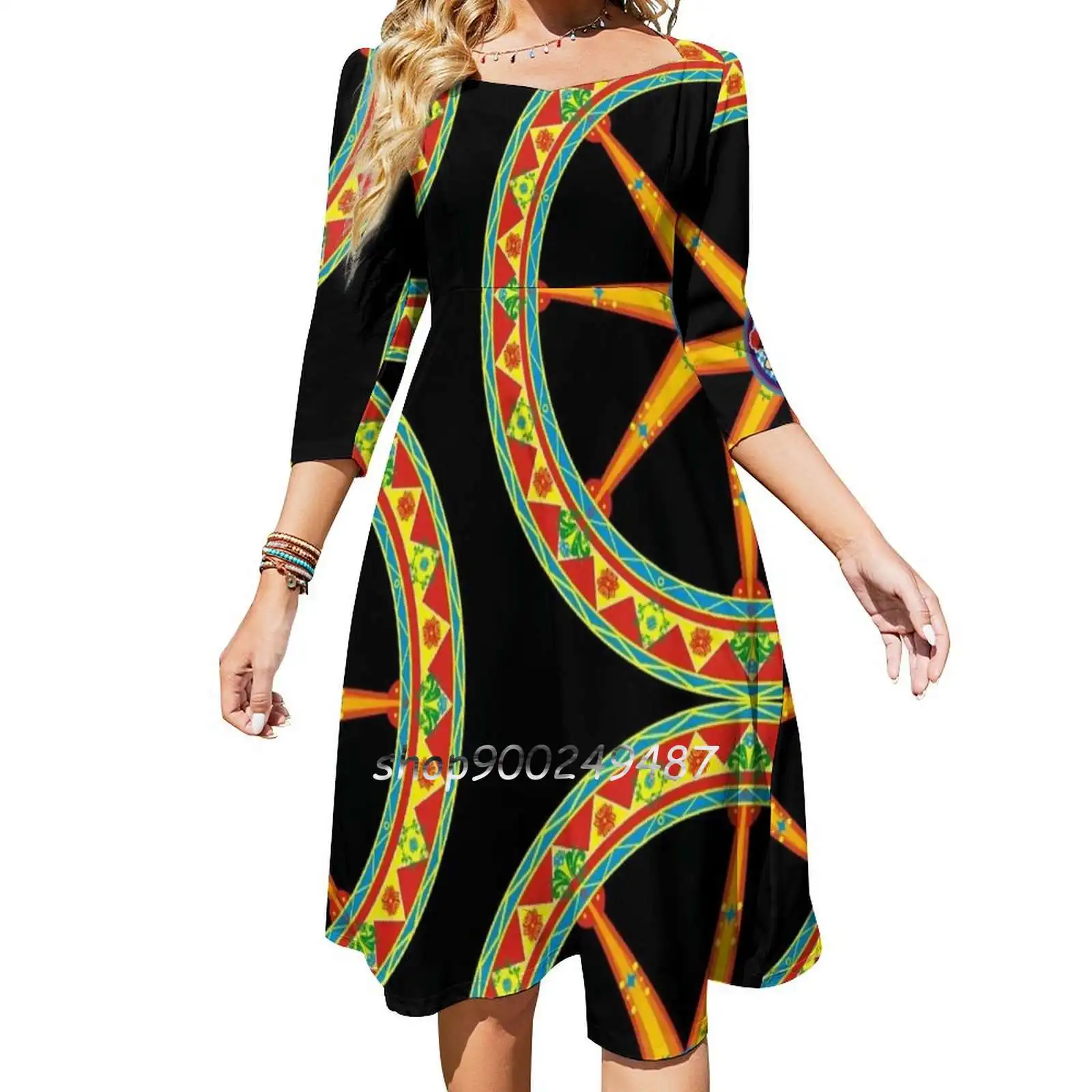 Wheel Decorated Of The Sicilian Cart With Flag , Ruota Square Neck Dress Sweet Summer Dress Women Elegant Halter Print Dress