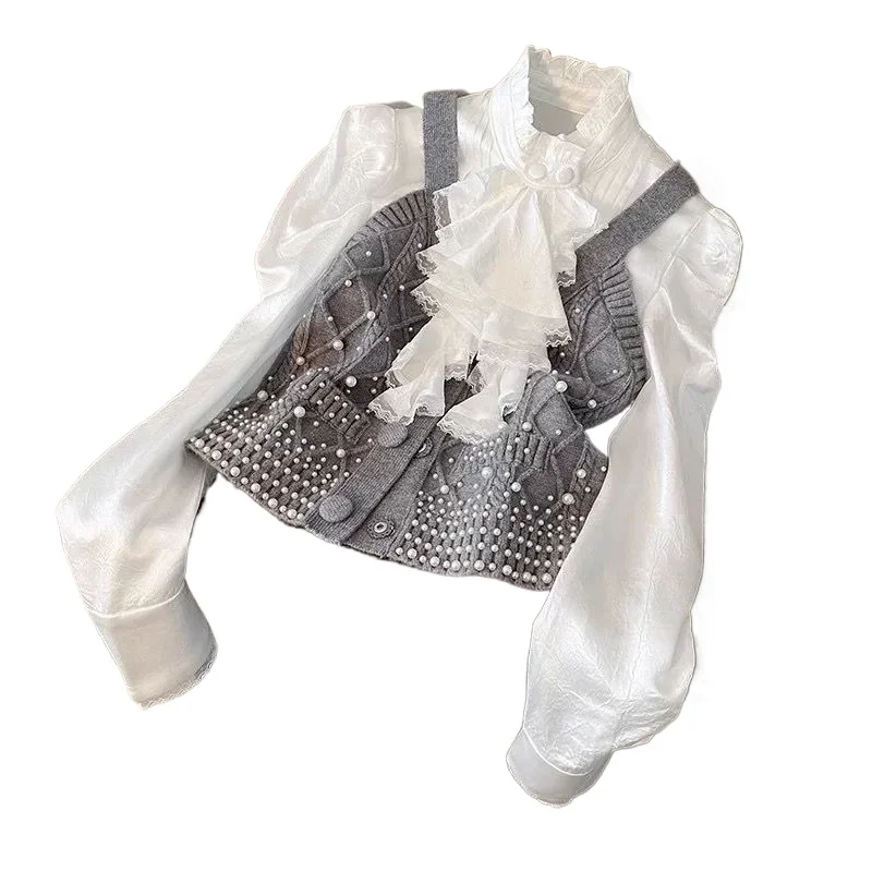

Bow Vest Fake Two Heavy Work Pearl Knitted Suspender Top Spliced Ruffled Shirt Woman Playful Age-reducing Temperament Casual New