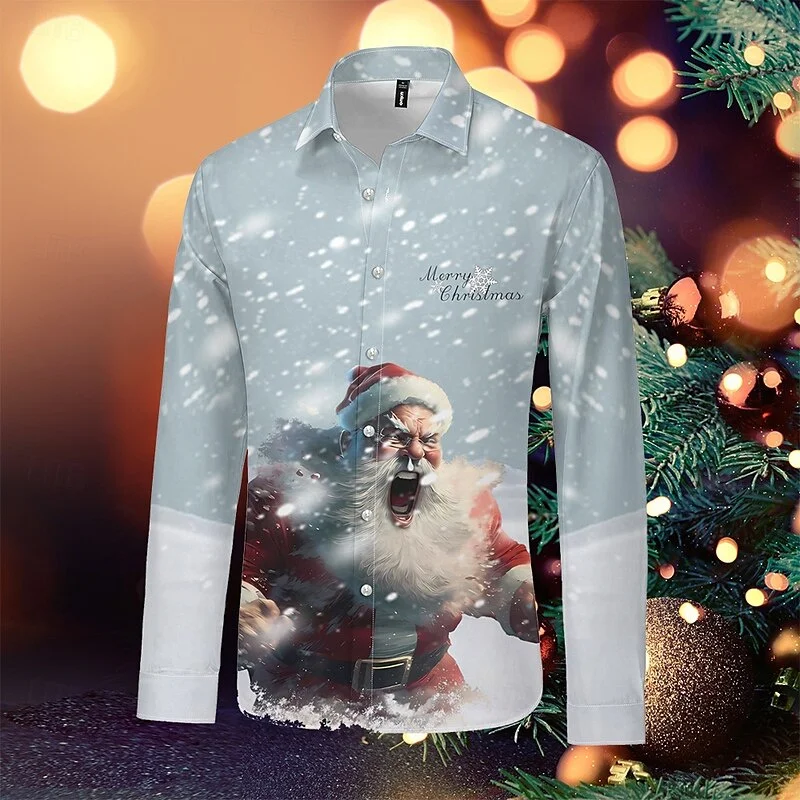 Fashion Christmas Themed 3D Printed Men's Casual Long Sleeve Shirt Street Wear Party Size Shirt Santa Claus Hot Sale