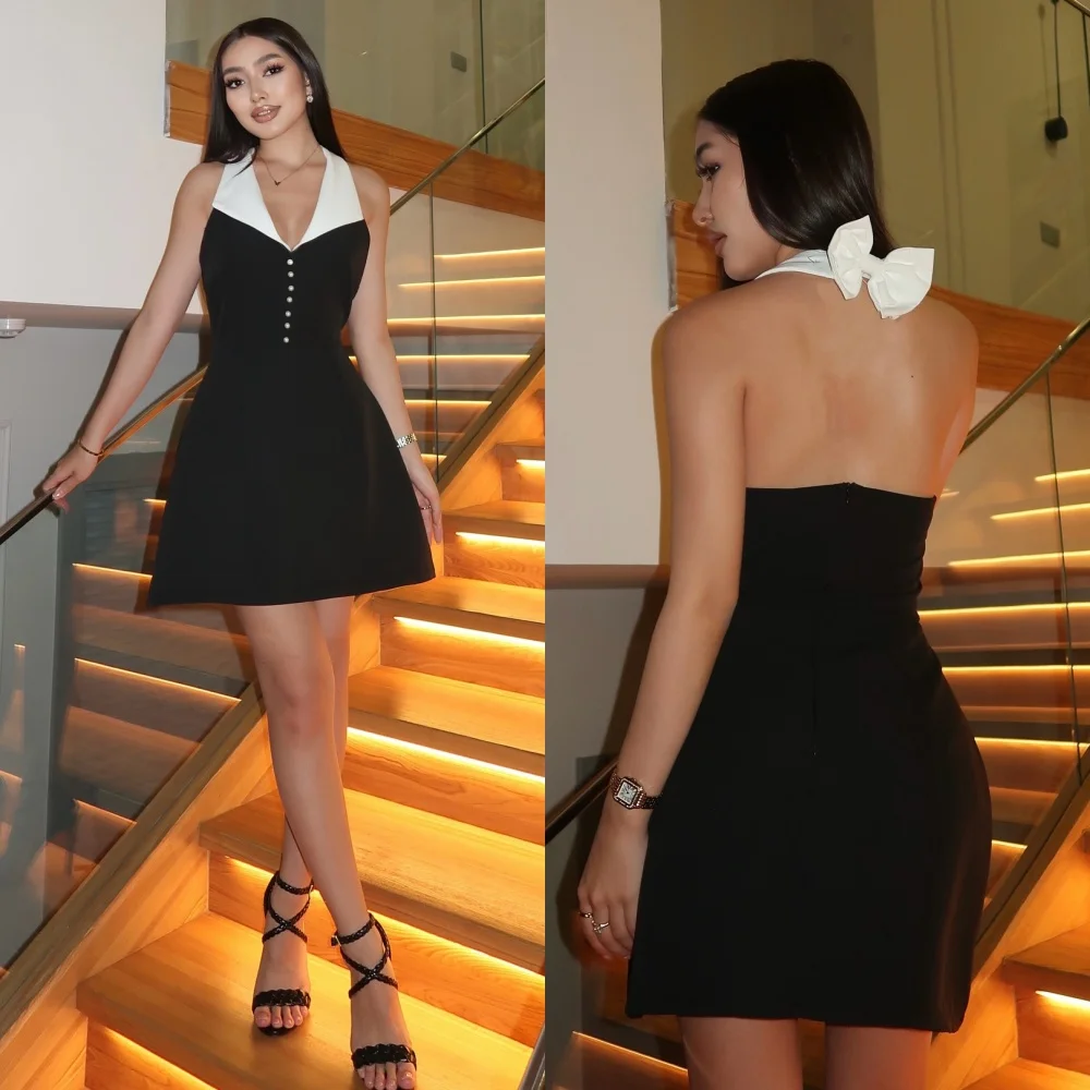 

Customized Sexy Fashion Jersey Bow Button Pleat A-line V-neck Short Dresses Bespoke Occasion Dresses High Quality Modern Style
