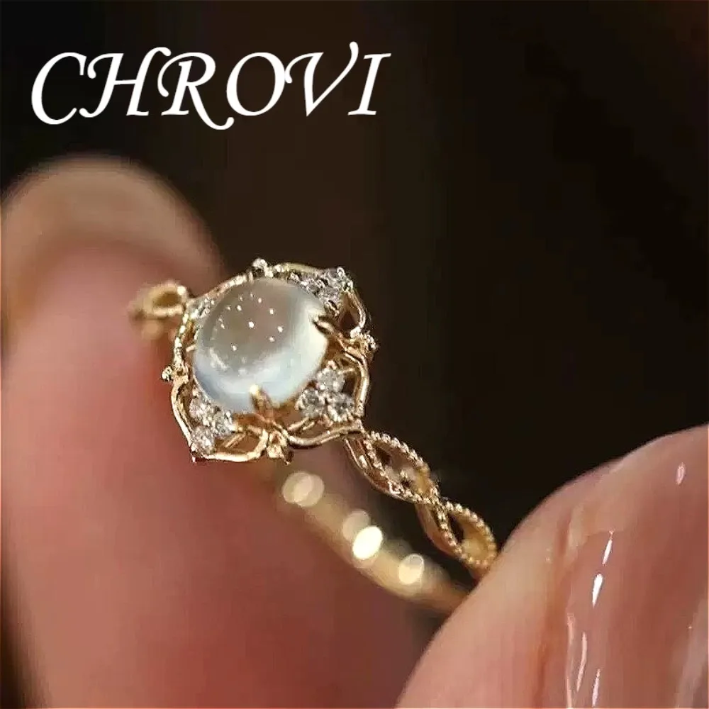 925 Sterling Silver Romantic Moonstone Zircon Ring for Women, Light Luxury, Elegant, Adjustable for Index Finger