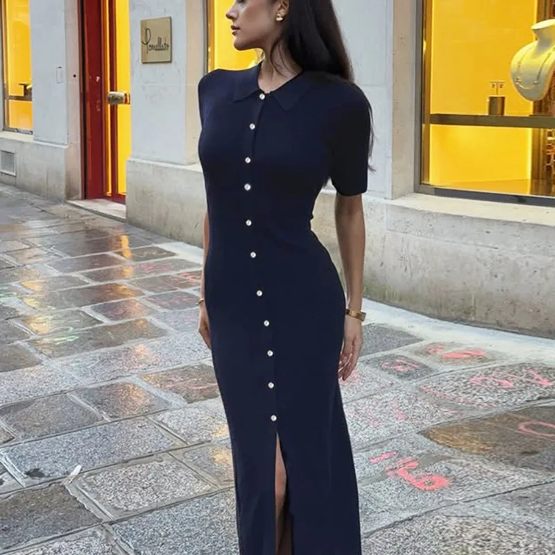 

Поп-вязаное тонкое длинное платье женское однотонное с высокой талией тонкое однобортное длинное платье модное повседневное офисное женское трикотажное платье с лацканами