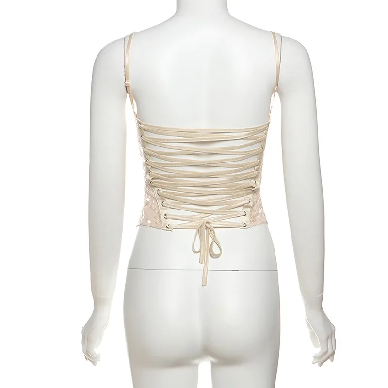 Fashion Sequins Patchwork Satin Camisole Crop Tops Women Sexy Spaghetti Straps Lace Up Backless Irregular Corset Camis Vests