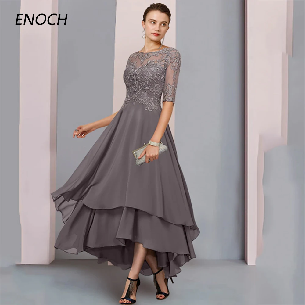 ENOCH Elegant A-Line Mother Of the Bride Dresses Half Sleeves Appliques Zipper Back Pleat Chiffon Wedding Party Gown Vestidos