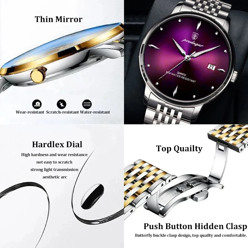 POEDAGAR Fashion Business Mens Wristwatches Green Clock Male Stainless Steel Waterproof Calendar Quartz Watches Reloj Hombre