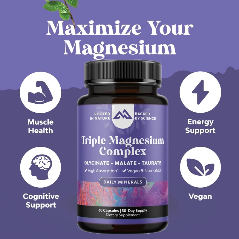 Triple magnesium complex 60 capsules of magnesium taurate and glycine with magnesium malate, used for musculoskeletal purposes