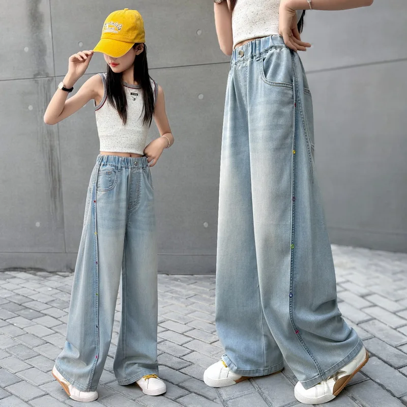 Girls Spring Thin Wide Leg Jeans Kids High Waist Trousers Color Block Buckle Children's Autumn Denim Pants Fashionable Clothing