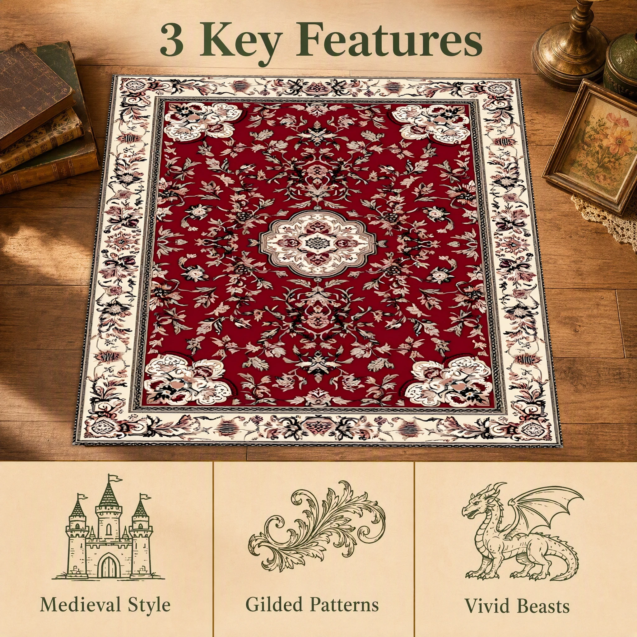 2D Large Carpet with Red Background and Classic Persian Pattern, Suitable for European Retro-Style Living Room and Bedroom, Can Be Used to Instantly Refresh Autumn and Winter Decorations
