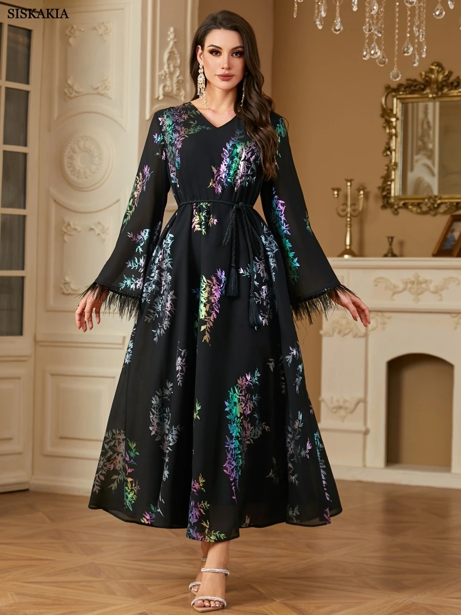 

Siskakia Dubai Gold Stamping Maxi Dress Feathers Sleeves Belt included Fashion Printing Moroccan Women Clothes