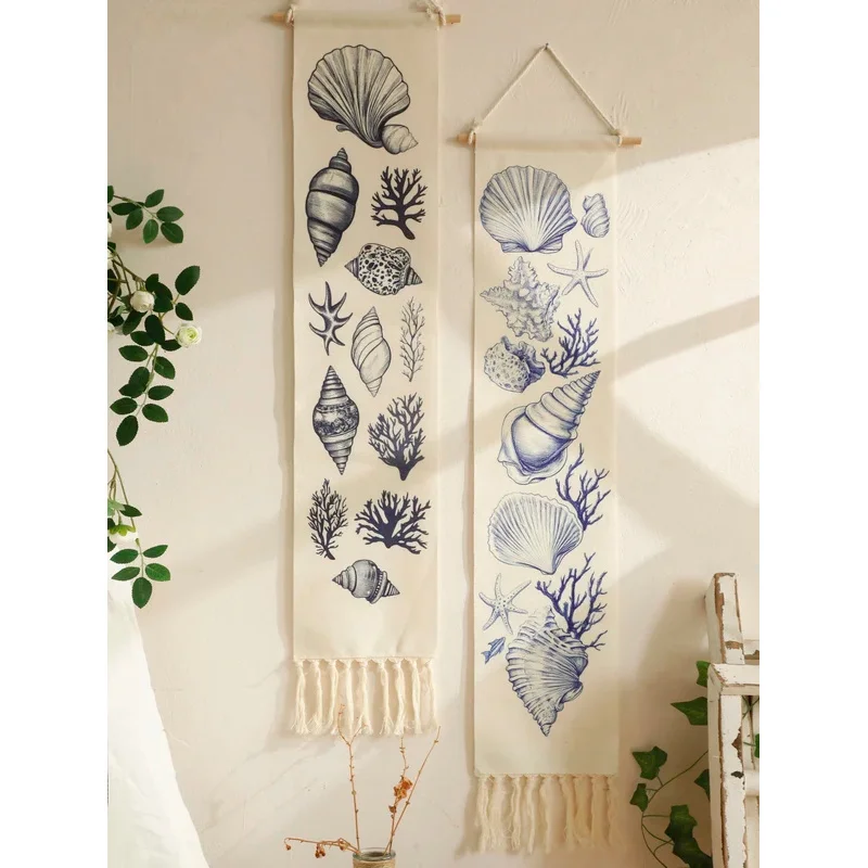 VIKAMA Vertical Tassel Tapestry Blue Sketch Seashell Starfish Coral Wall Hanging Nautical Coastal Bedroom Wall Decor