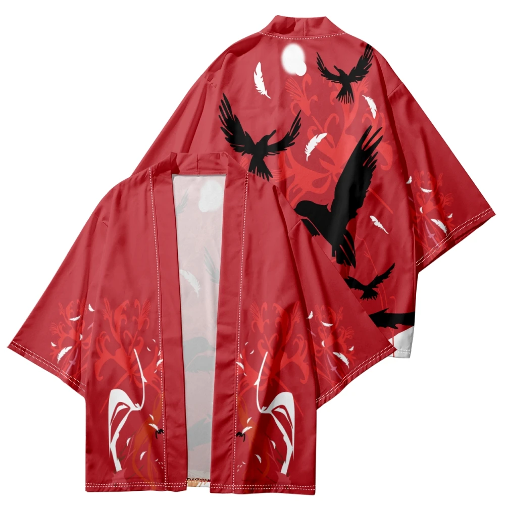 Japanese Style Crow Print Red Kimono Cardigan Cosplay Shirt 2023 Women Men Yukata Beach Haori Traditional Top