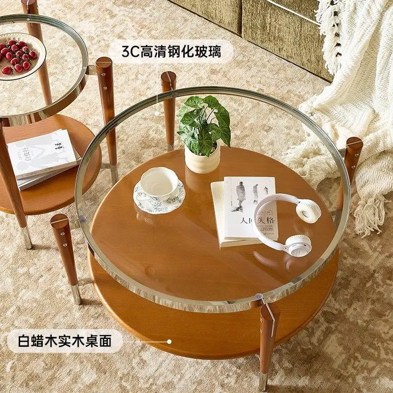 Coffee table, tea table, living room, home balcony, small apartment, light luxury, high-end feel, solid wood glass, vintage styl