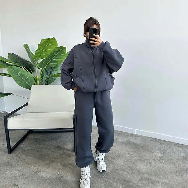 Cross-border European And American Style Fleece Jacket Set Fashionable And Simple Long-sleeved Sweater, Solid Color Sports Suit.