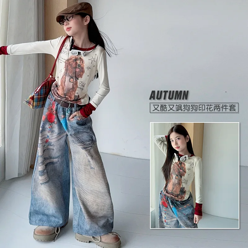 Autumn Teen Girls Graffiti Wide‑Leg Jeans Set Cotton Cartoon Dog Print Top & Denim Pants Trousers Kids Outfit Size 4‑14Y