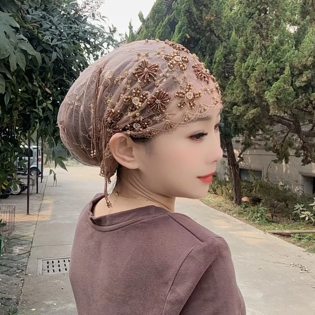 Berretto Hijab istantaneo in pizzo con diamanti e perline fatte a mano