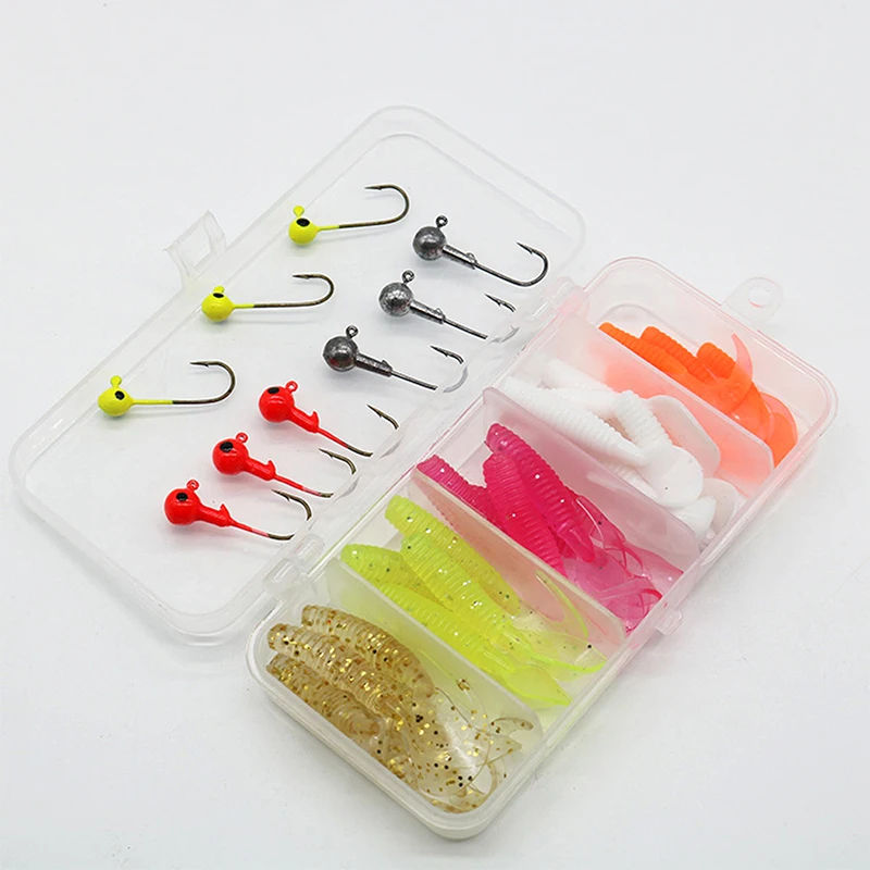 35Pcs/box Crank Jig Head Hook and Soft Bait Set Fishing Hooks Jigging Heads Soft Lure for Bass Trout Carp Sea Fishing Saltwater