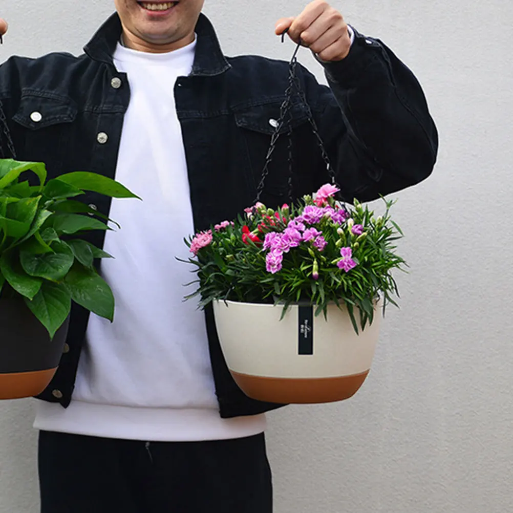 

2 Sets Hanging Planters Flower Pot Balcony Garden Planter Plastic Metal Self Watering Pots Plants Container