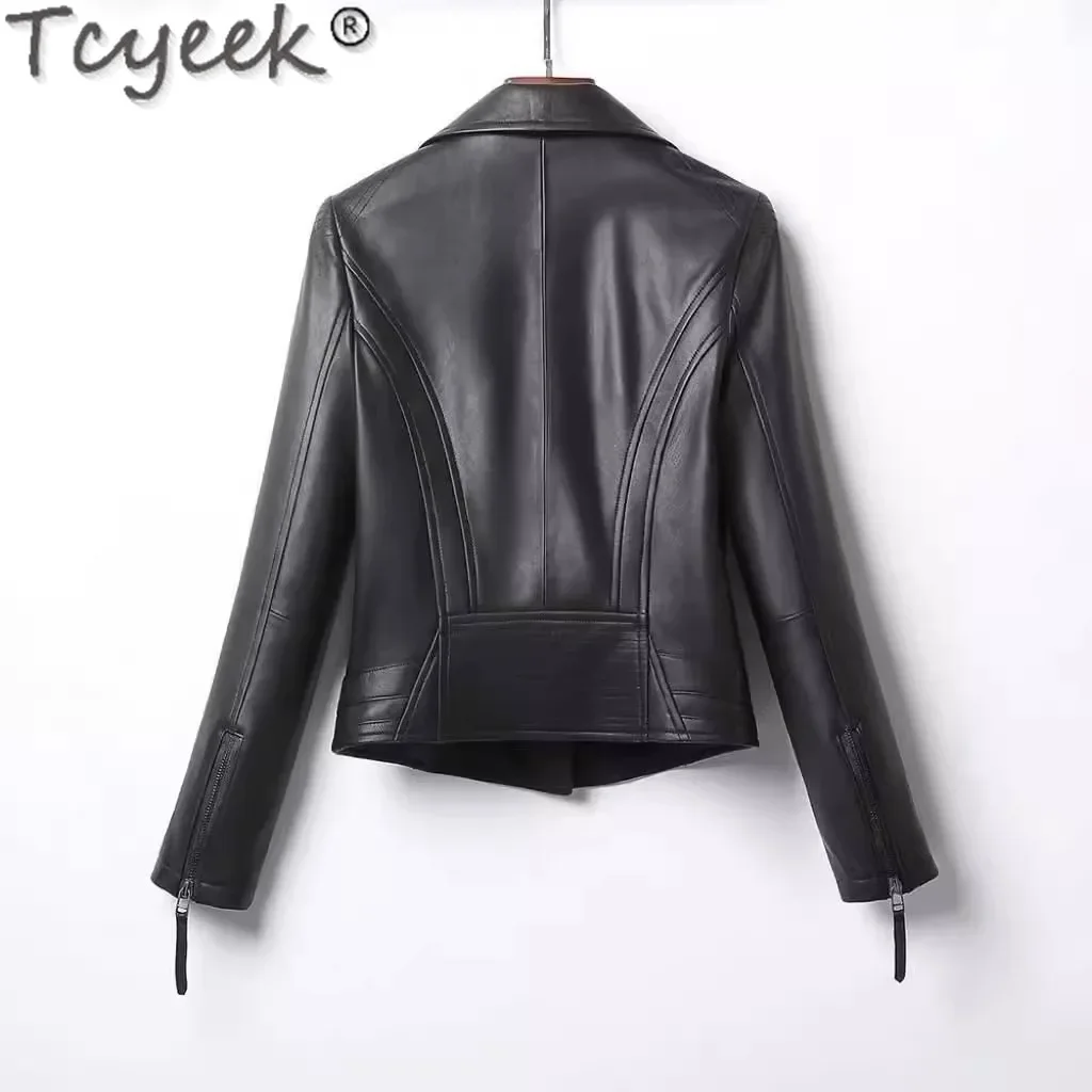 Tcyeek-Veste de moto en cuir véritable pour femme, manteau noir en peau de mouton, vêtements de printemps et d'automne, coupe couvertes