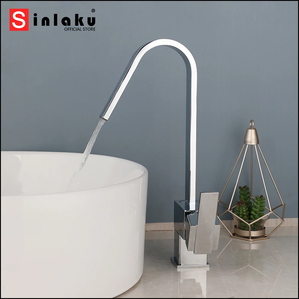 

SINLAKU Bathroom Basin Rotating Faucet Waterfall Outlet Chrome Finished Deck Mounted With Single Hole Hot Cold Water Mixer Taps