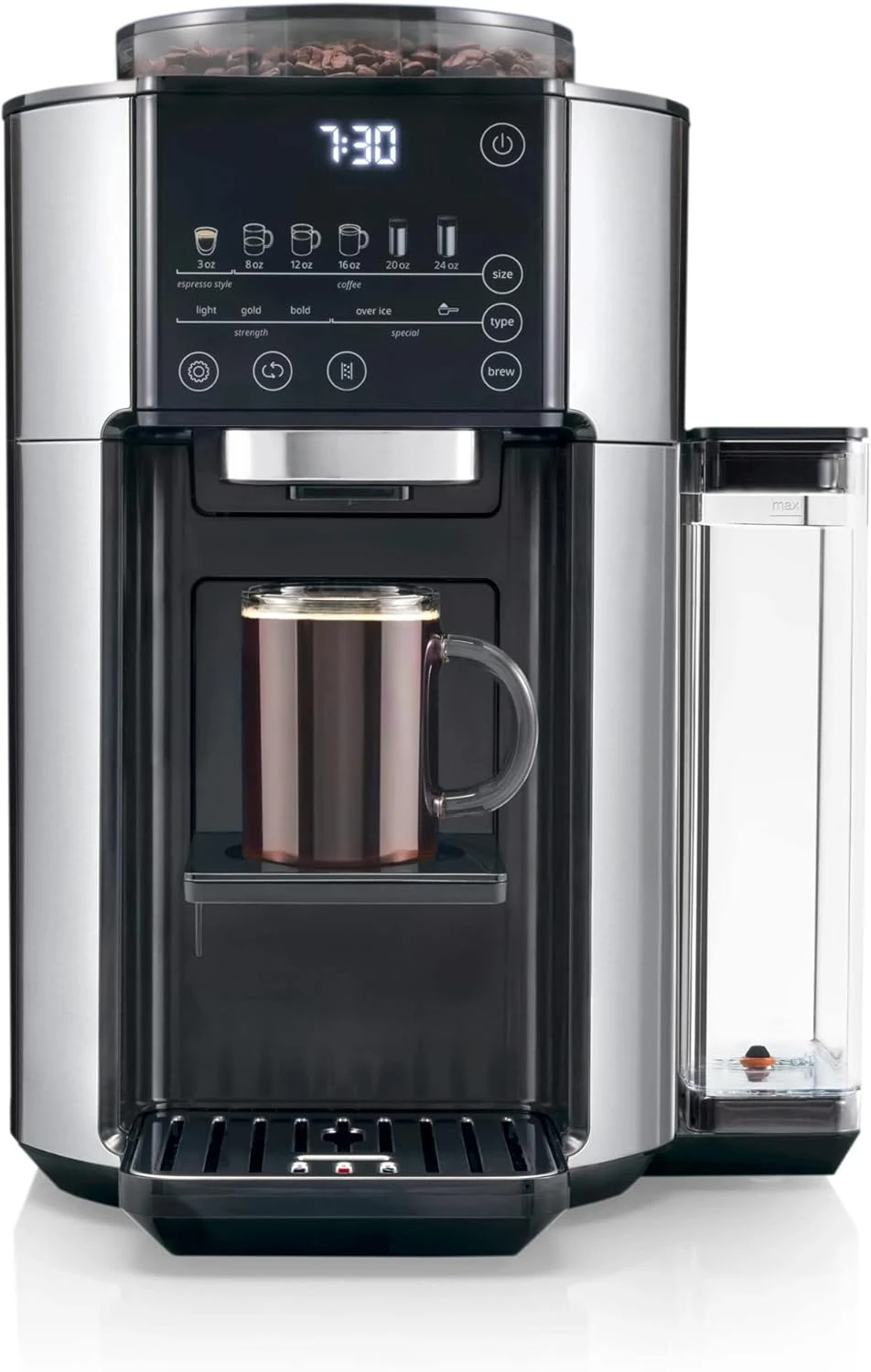 Built in Grinder, Single Serve, 8 oz to 24 oz with 40 oz Carafe, Hot or Iced Coffee, Stainless,CAM51035M, Silver/Black