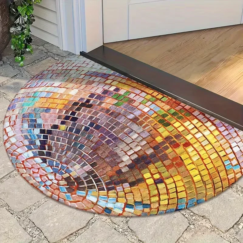 Semi Circular Welcome Mat Colorful Disco Ball Pattern Anti Slip Washable Door Mat Bedroom Living Room Laundry Room Area
