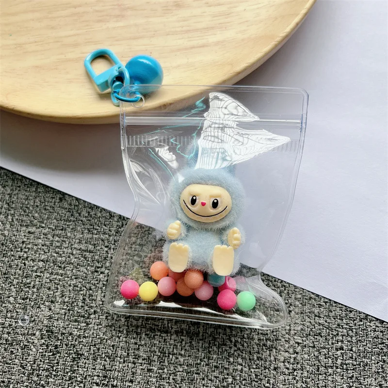 Tide Play Flocking Sitting Posture Labubu Doll Keychain Pendant Moe Grain Labubu Plush Bag Small Charm Pendant