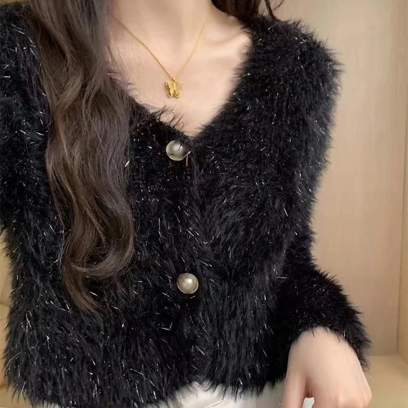 Korean Shiny Knitted Cardigan For Women 2024 New Chic V-Neck Long Sleeved Short Sweater Autumn Winter Commuting Simple Tops