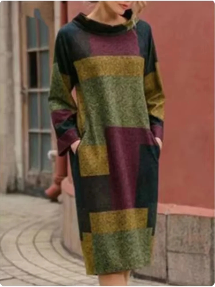 4 Color Autumn Semi High Neck Long Sleeved Checkered Pocket Dress Style Artistic Retro Style Women\'s Dress