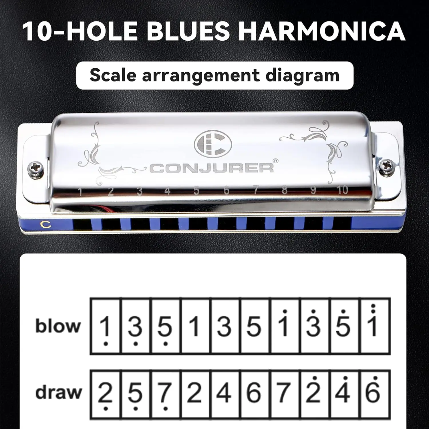 CONJURER Blues Harmonica 10 Hole Diatonic in different keys for Kids Adult Beginners gift