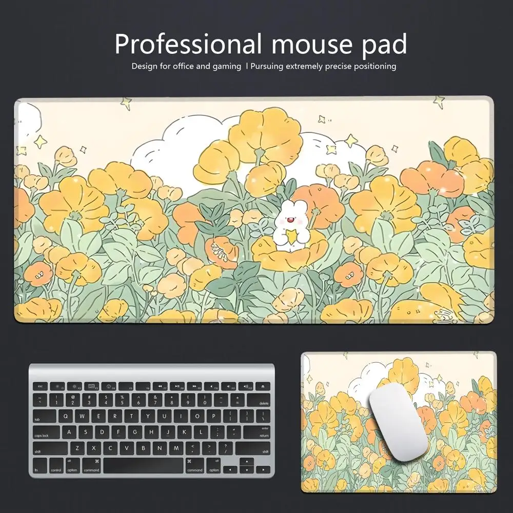 Pink Flower Large Desk Mats Green Plant Flower Deskpads Cute Bunny Mouse Pad Computer Mousepad Kawaii Mause pads HYBXAXC Xxl