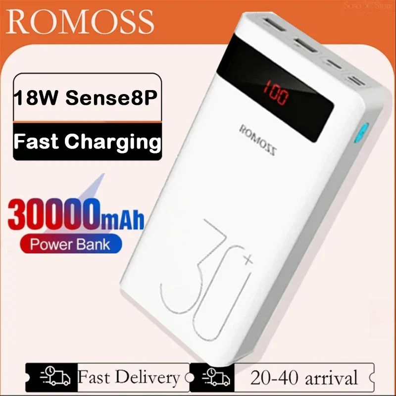 ROMOSS Power Bank 30000mAh 18W PD Fast Charging External Battery Portable Charger 30000 mAh Powerbank For Xiaomi iPhone 14 13