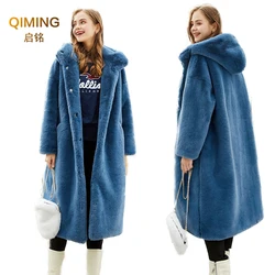 Winter Women Faux Rabbit Fur Coat Luxury Long Fur Coat Hooded OverCoat Warm Plus Size Female Plush Woman Coats Fluffy Jacket